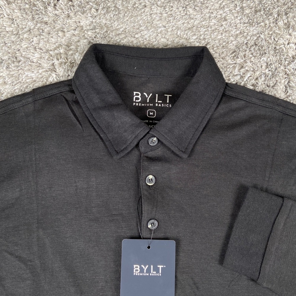 BYLT Comfort Wool Long Sleeve Polo Mens M Black Premium Basics Minimalist Preppy